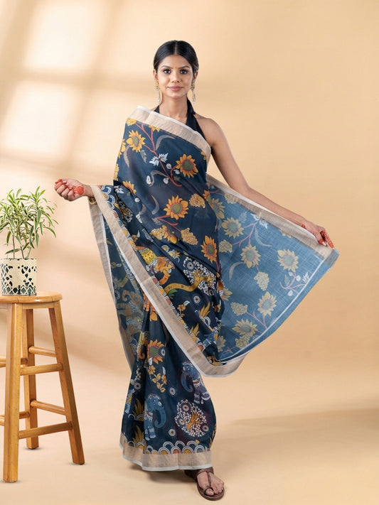 Black Linen Cotton Floral Printed Saree