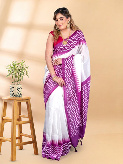 White and Purple Chanderi Cotton Saree