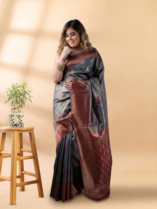 Grey and Maroon Semi-Silk Saree