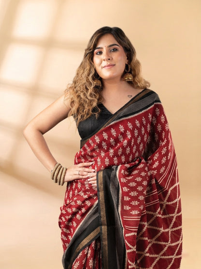 Maroon and Black Maheshwari Silk Saree