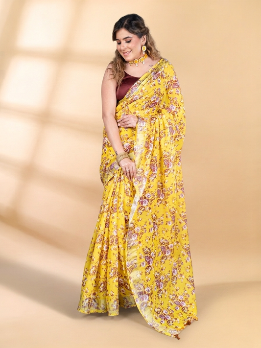 Mustard Yellow Linen Cotton Tissue Saree