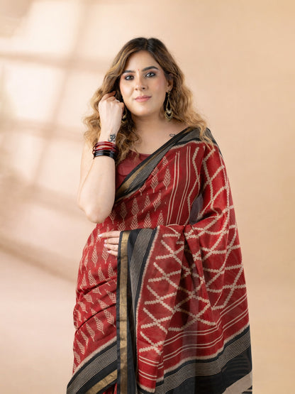 Maroon and Black Maheshwari Silk Saree