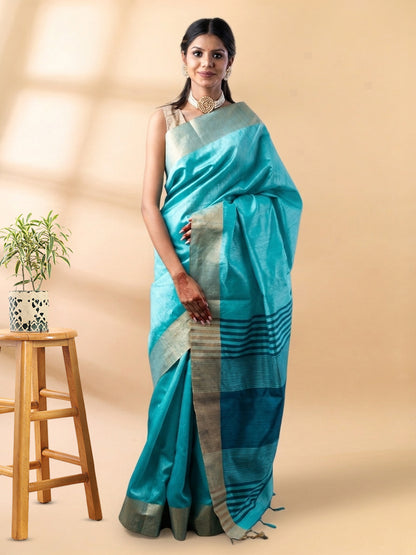 Sky Blue Semi-Raw Silk Saree