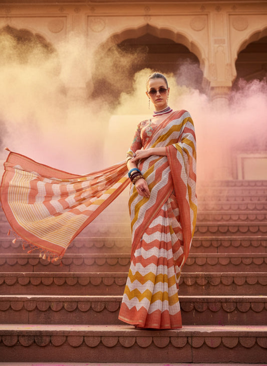 Peach Mustard Zigzag Print Cotton Linen Saree with Check Pattern