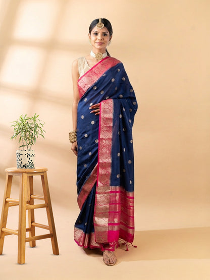 Blue and Pink Assam Silk Saree
