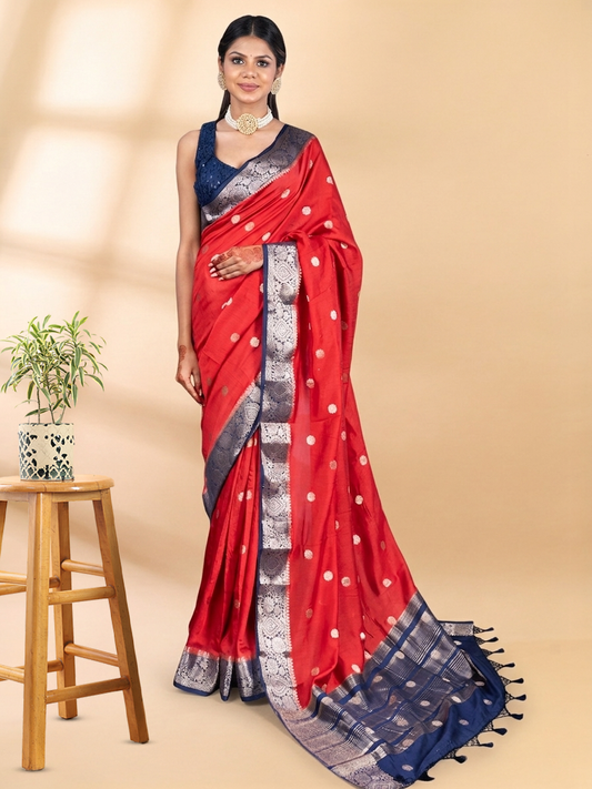 Red and Blue Assam Silk Saree