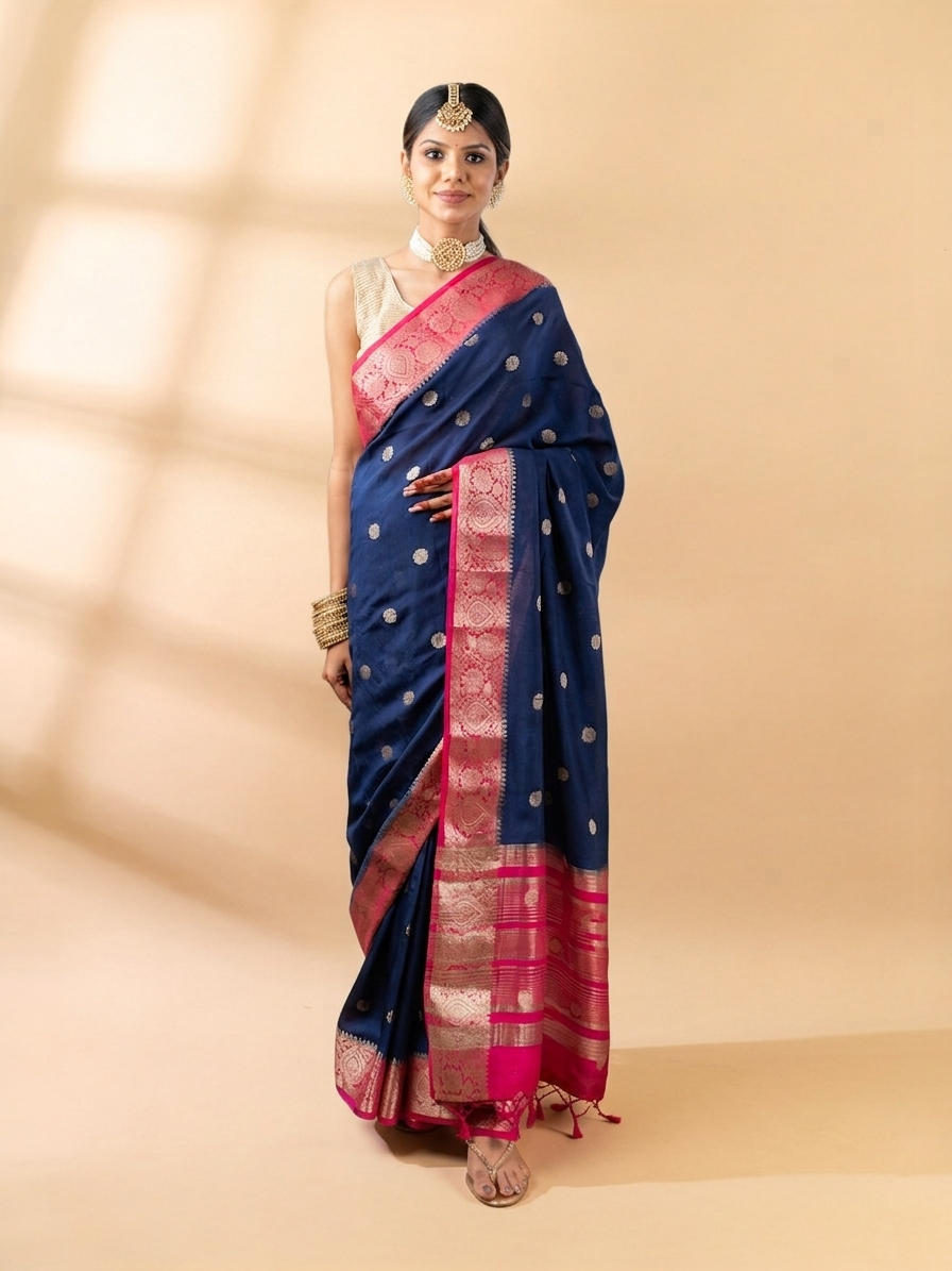 Blue and Pink Assam Silk Saree