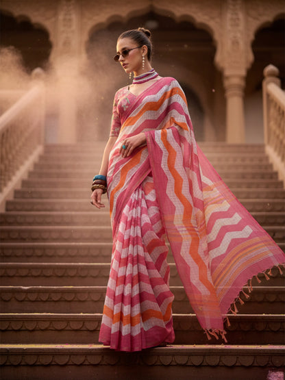 Pink & Orange Cotton Linen Printed Saree