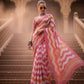 Pink Orange Zigzag Print Cotton Linen Saree with Check Pattern