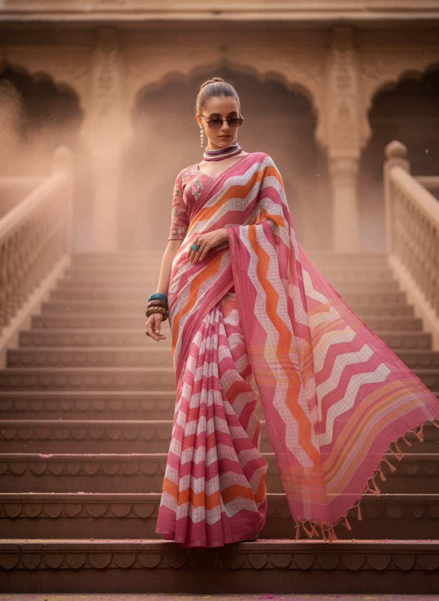 Pink Orange Zigzag Print Cotton Linen Saree with Check Pattern