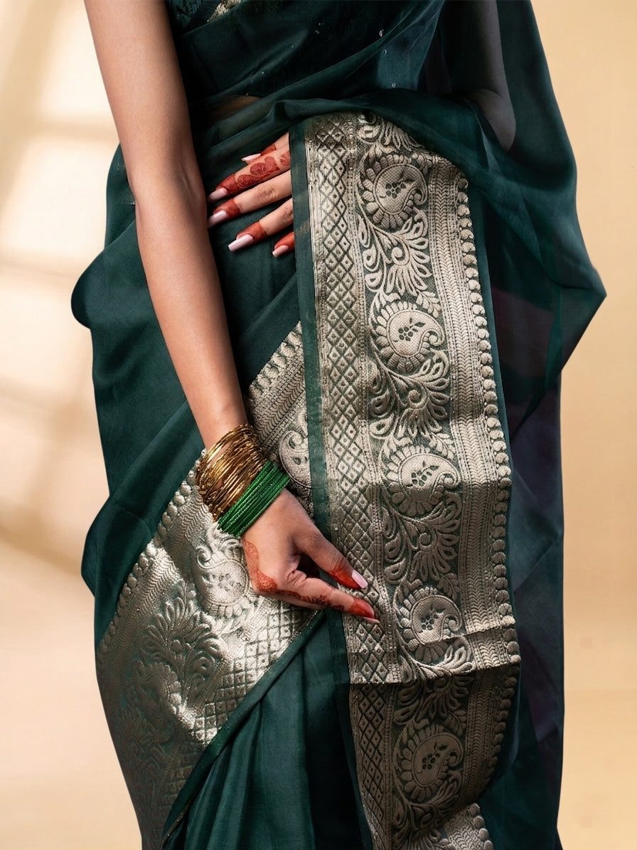 Dark Green Banarasi Organza Saree