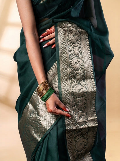Dark Green Banarasi Organza Saree