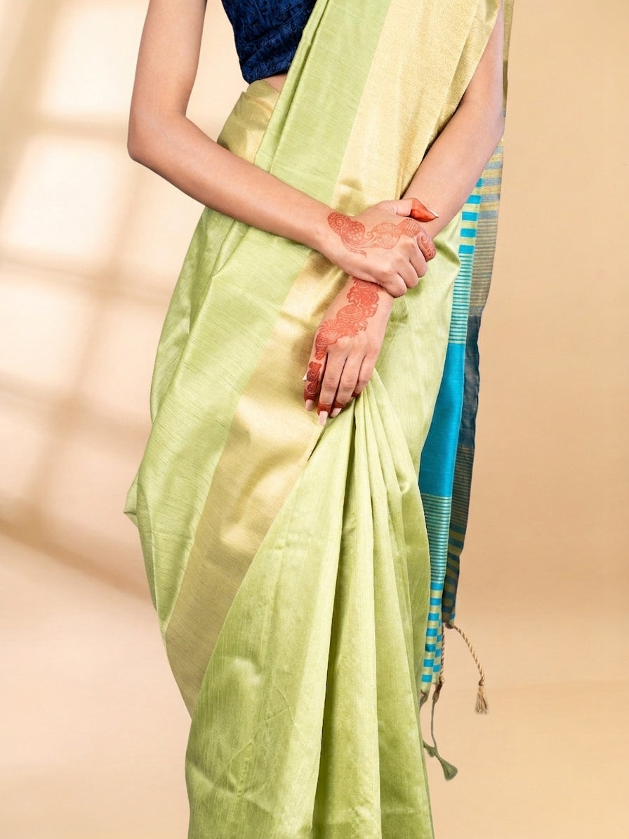 Mint Green Semi-Raw Silk Saree