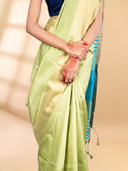 Mint Green Semi-Raw Silk Saree