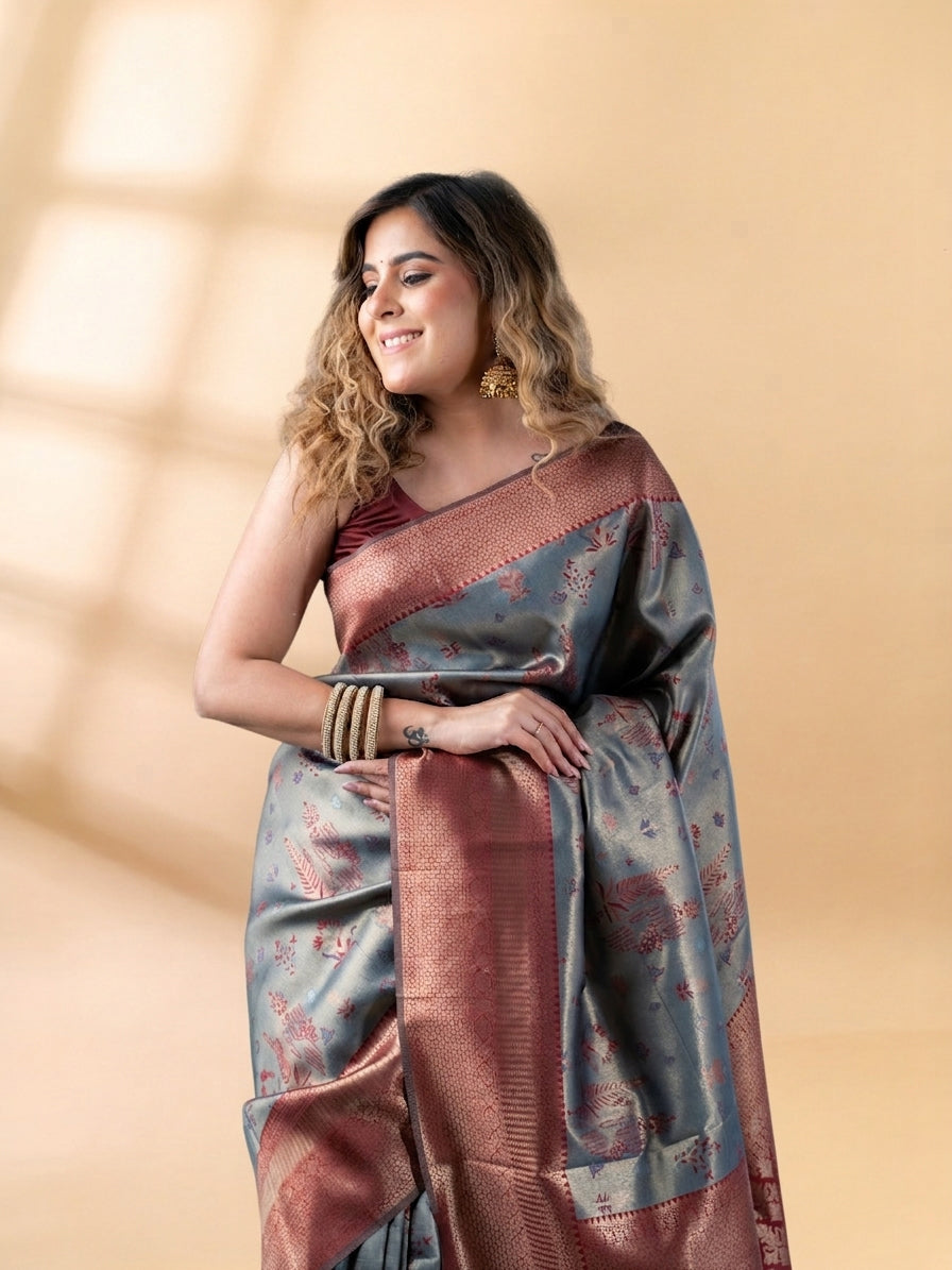 Grey and Maroon Semi-Silk Saree