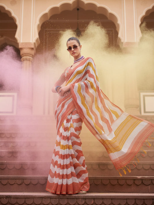 Peach & Mustard Cotton Linen Printed Saree
