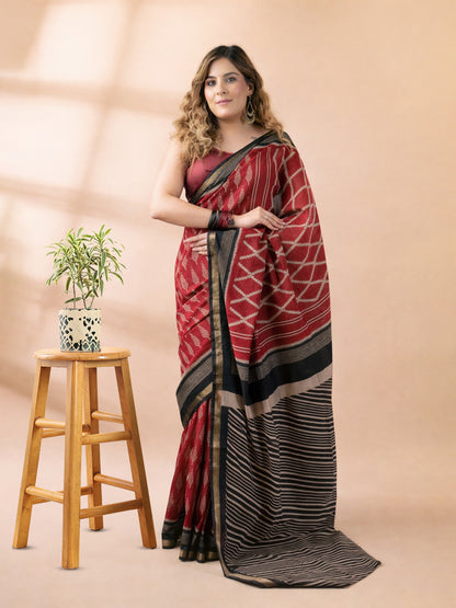 Maroon and Black Maheshwari Silk Saree