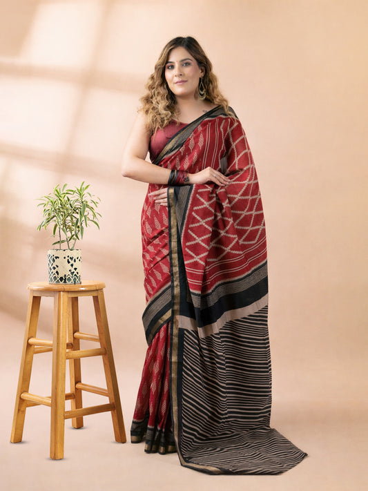 Maroon and Black Maheshwari Silk Saree