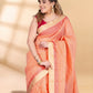 Peach Chanderi Cotton Saree with Check Design and Tissue Border