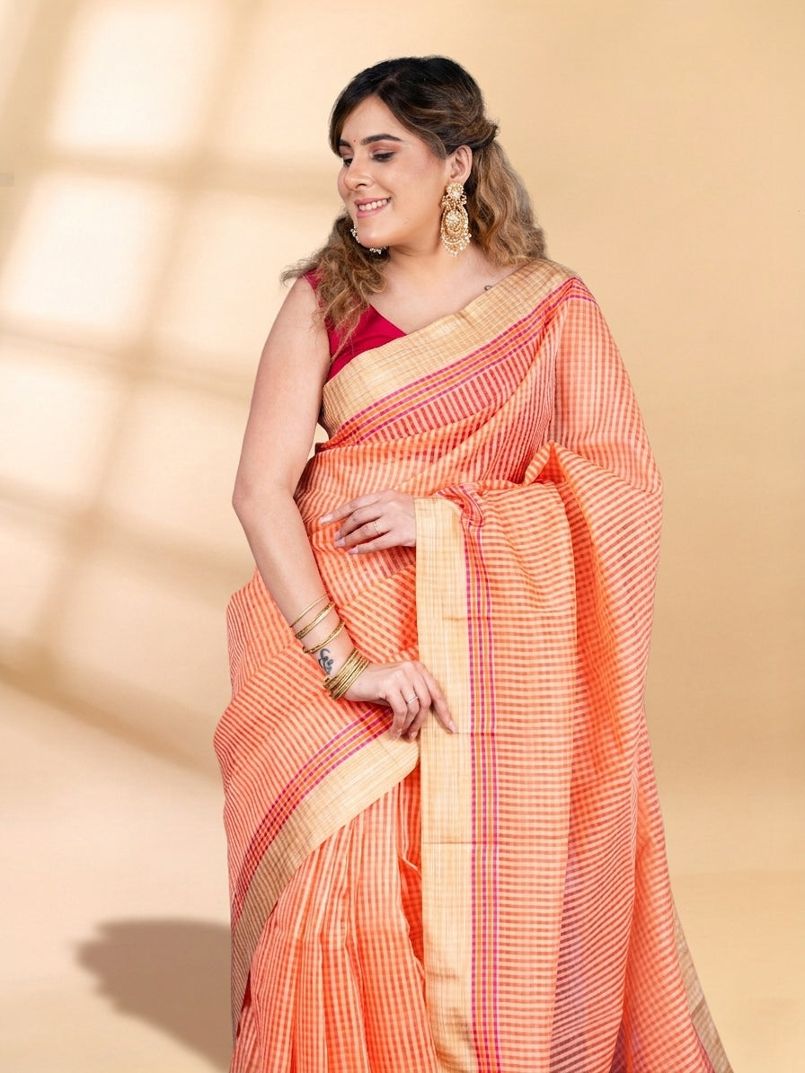 Peach Chanderi Cotton Saree with Check Design and Tissue Border