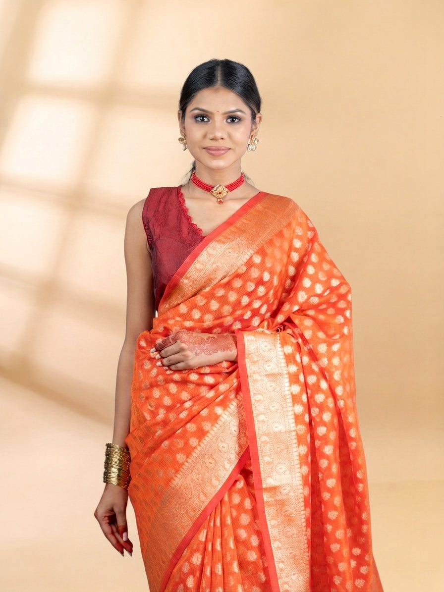 Orange Banarasi Chanderi Zari Saree
