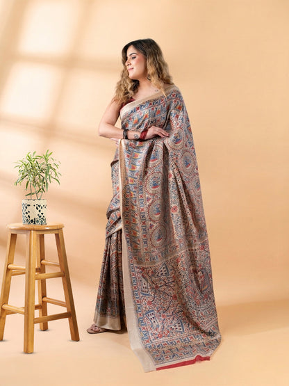 Beige and Red Matka Silk Saree