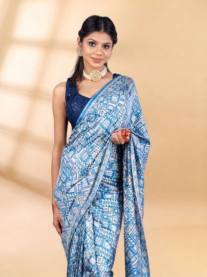 Blue Semi-Crepe Printed Saree