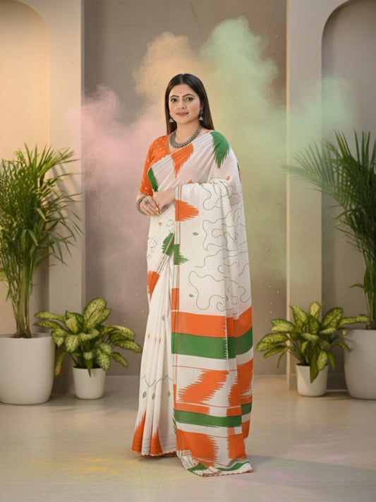 Ivory Green Mul Cotton Kantha Saree