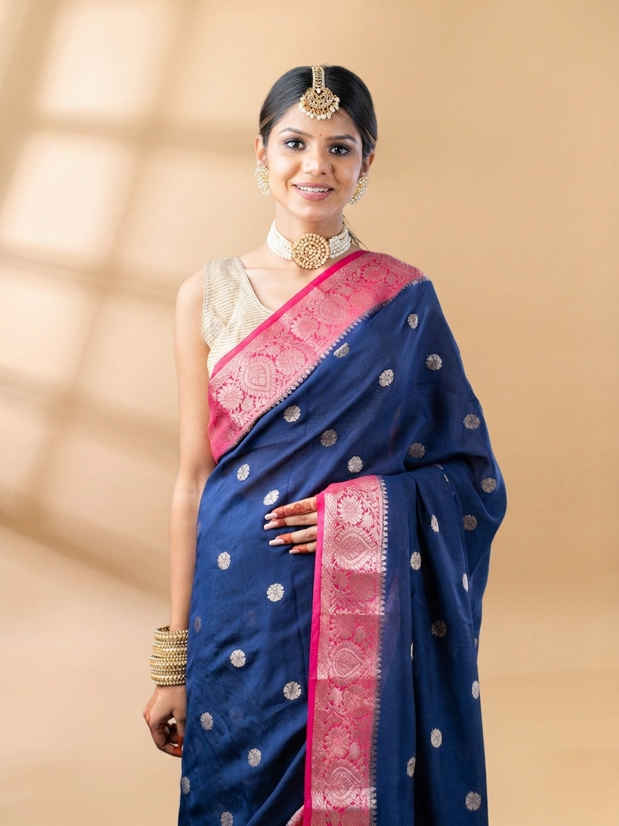 Blue and Pink Assam Silk Saree