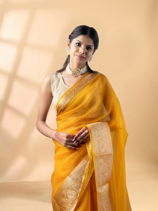 Mustard Yellow Banarasi Organza Saree