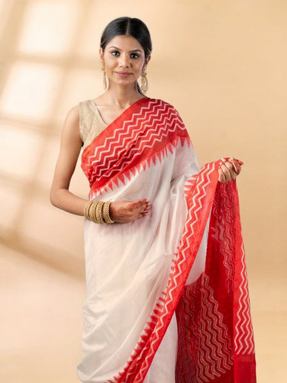 White and Red Chanderi Cotton Saree