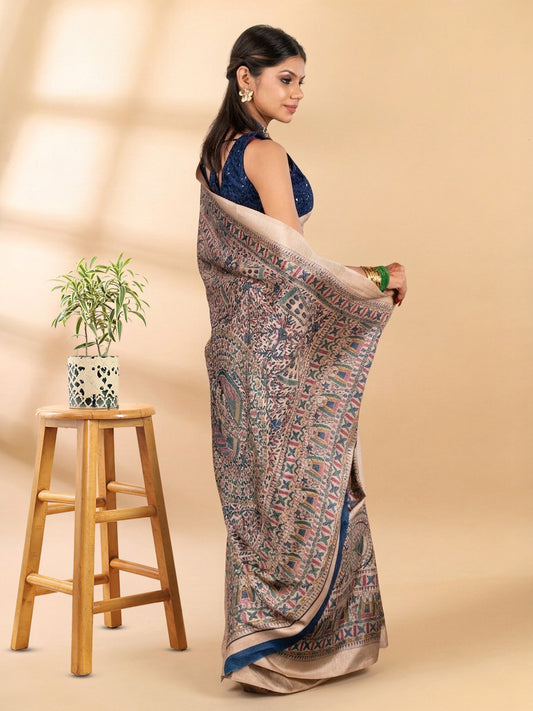 Beige & Blue Matka Silk Saree