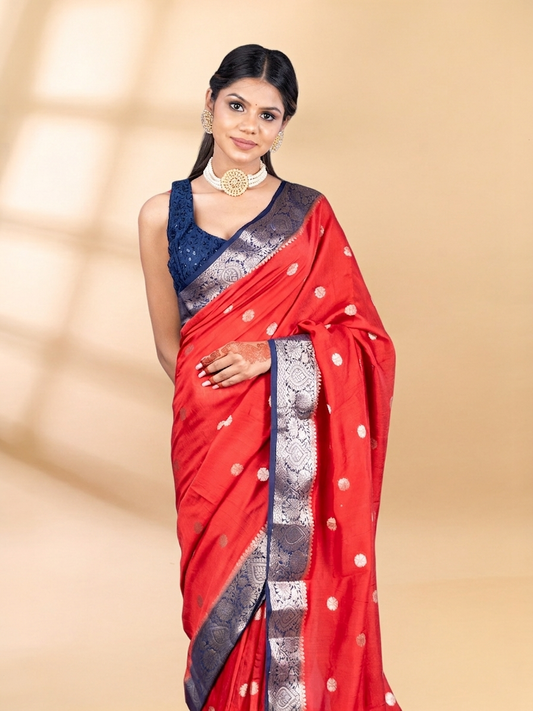 Red and Blue Assam Silk Saree