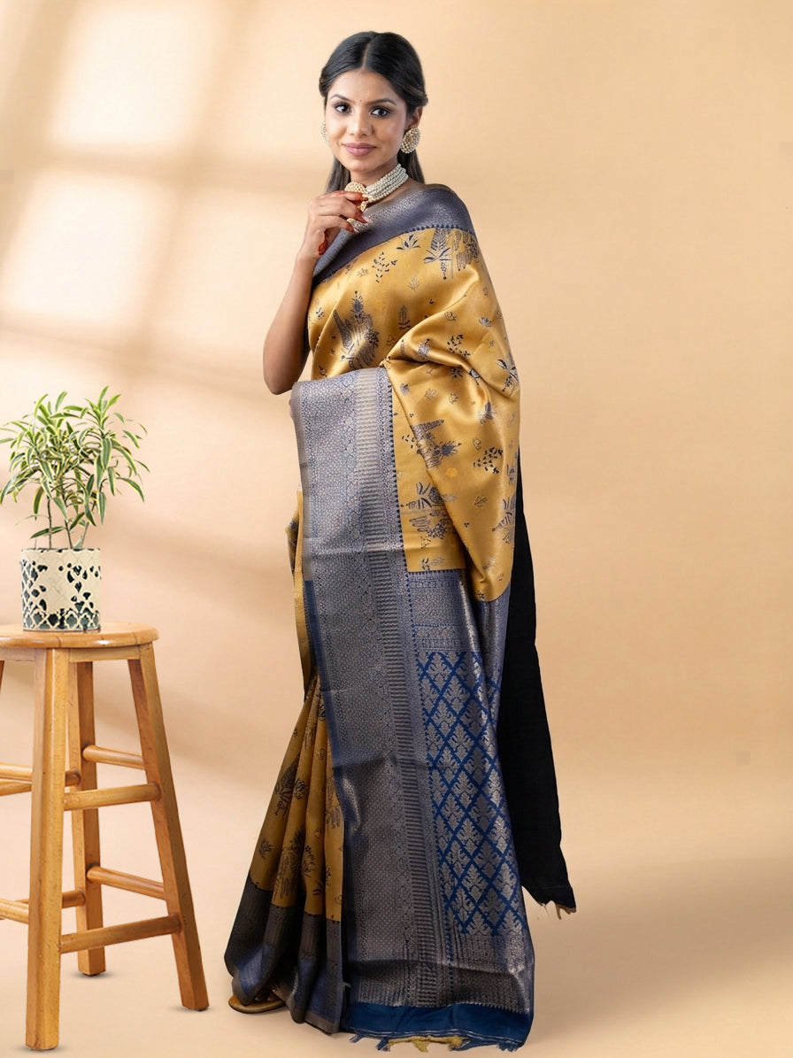 Mustard and Blue Semi-Silk Saree