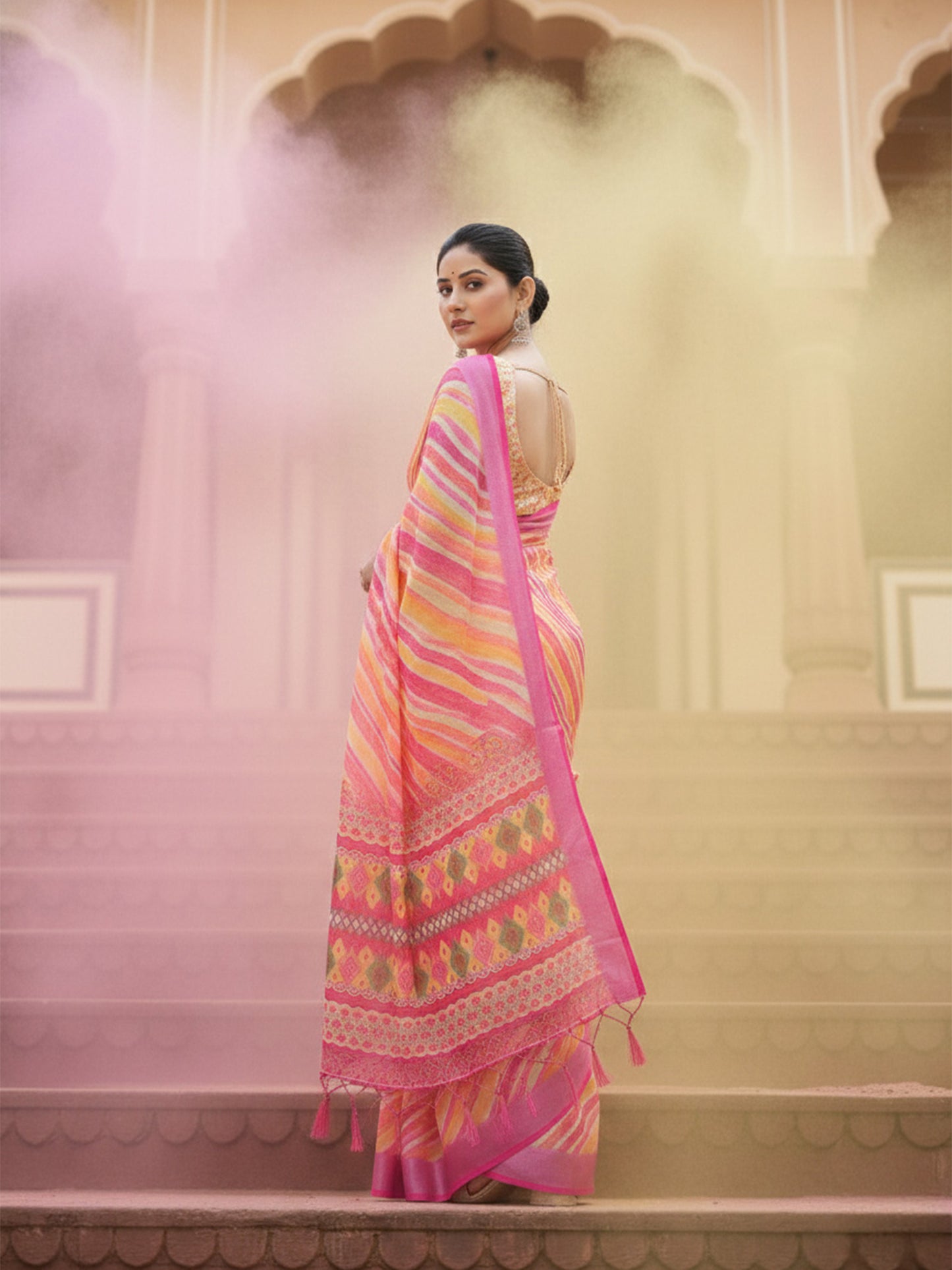 Pink Yellow Laheriya Cotton Linen Saree