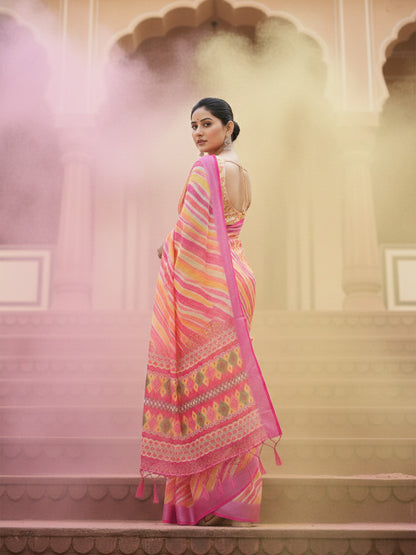 Pink Yellow Laheriya Cotton Linen Saree