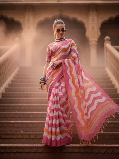 Pink & Orange Cotton Linen Printed Saree