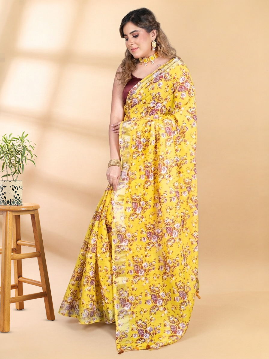 Mustard Yellow Linen Cotton Tissue Saree