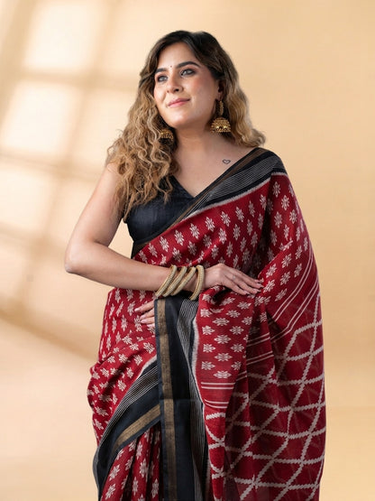 Maroon and Black Maheshwari Silk Saree