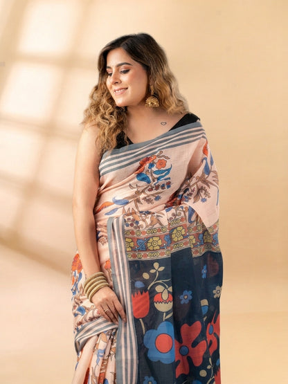 Peach Linen Cotton Printed Saree