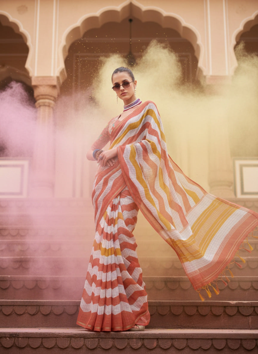Peach Mustard Zigzag Print Cotton Linen Saree with Check Pattern