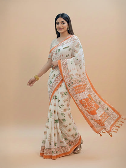 Ivory Orange Warli Print Mul Cotton Saree