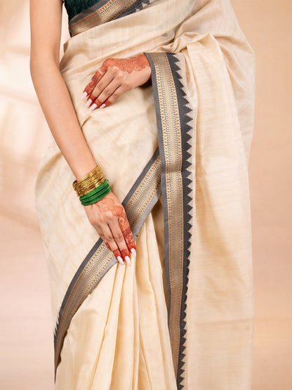 Beige and Black Chanderi Cotton Saree