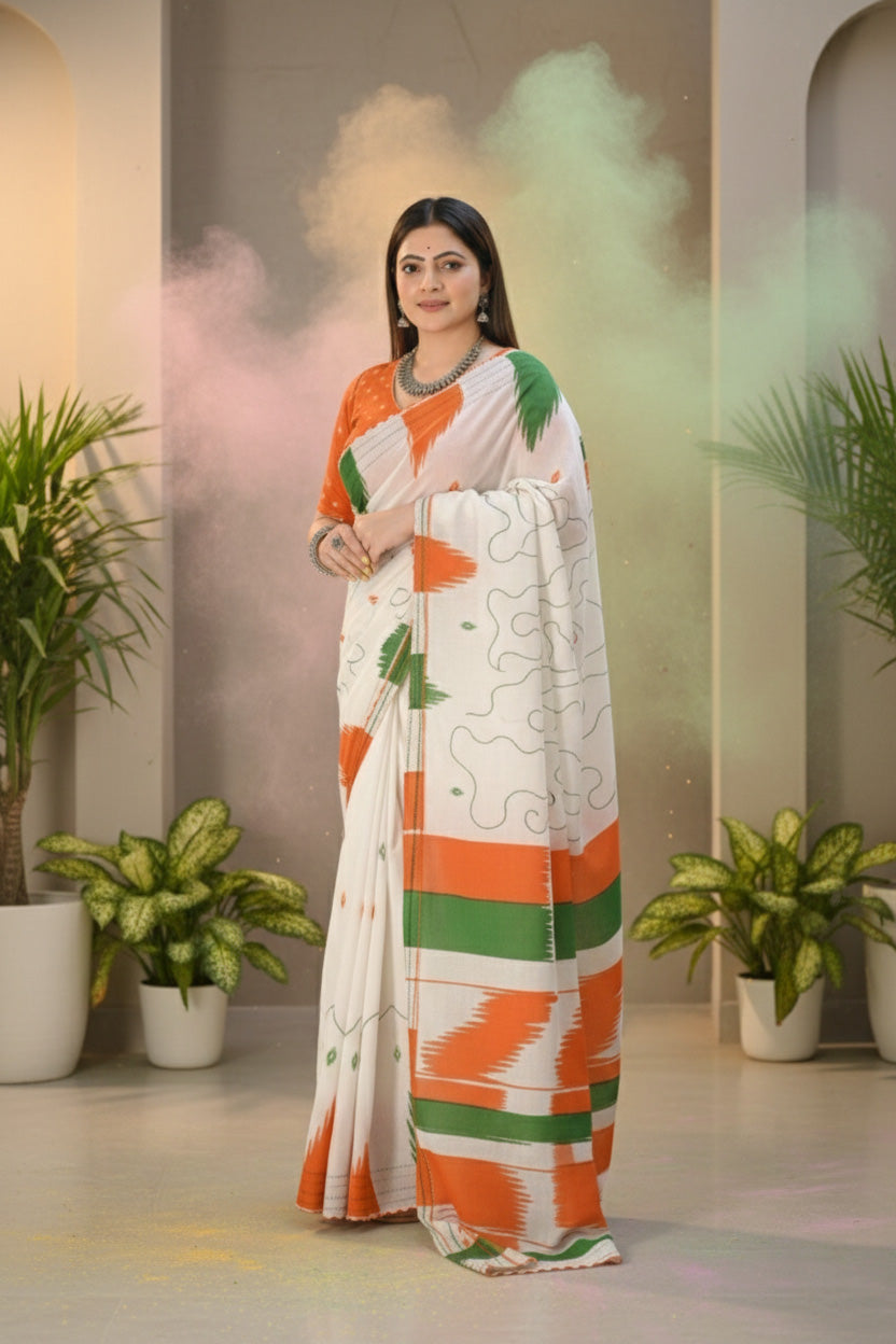 Ivory Orange Green Kantha Work Mal Cotton Saree