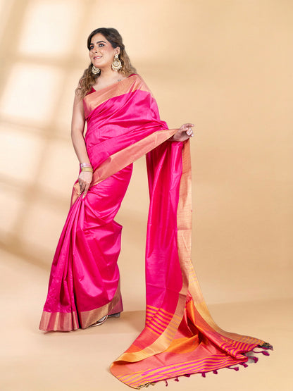 Pink Semi-Raw Silk Saree