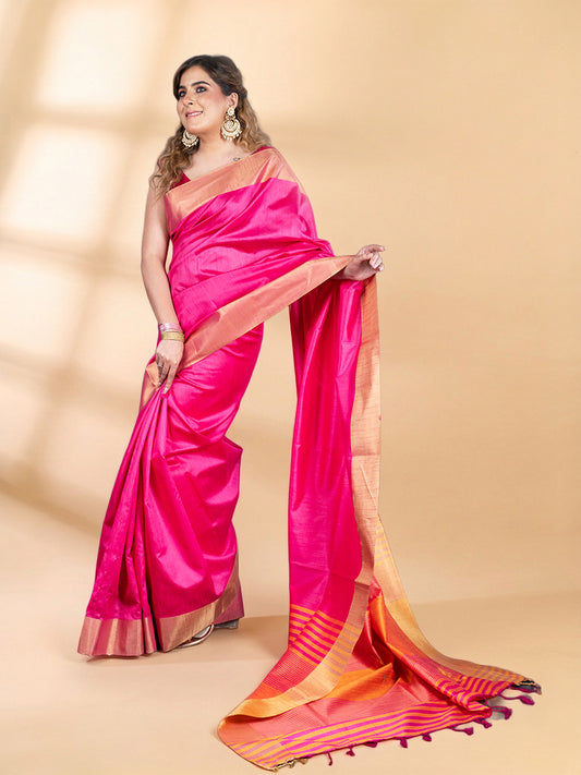 Pink Semi-Raw Silk Saree
