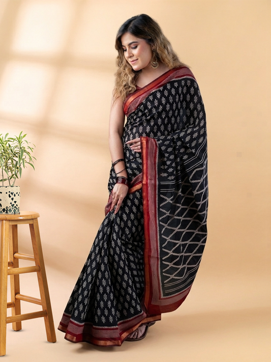 Black and Maroon Maheshwari Silk Saree