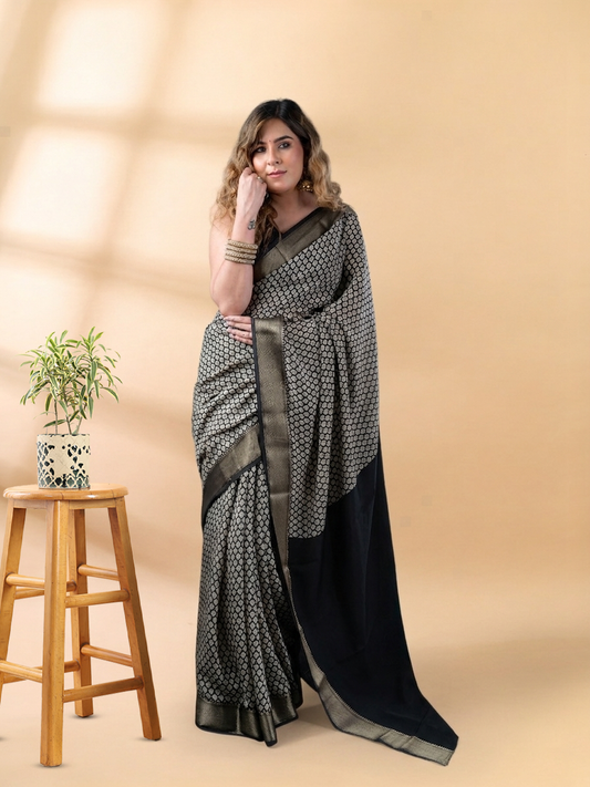 Black Block Print Assam Silk Saree