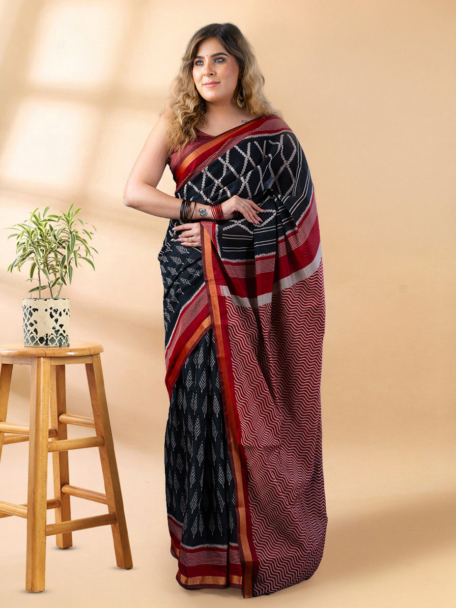 Black and Maroon Maheshwari Silk Saree