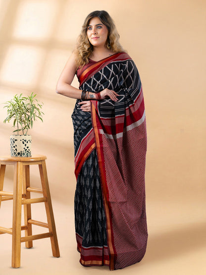 Black and Maroon Maheshwari Silk Saree